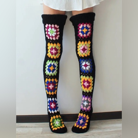 NEW! Granny Square Cozy Plush Thigh High Socks - Picture 1 of 5